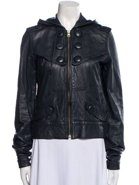 Mike & Chris Ash Blue Leather Hooded Bomber Jacket, Sz M, 6